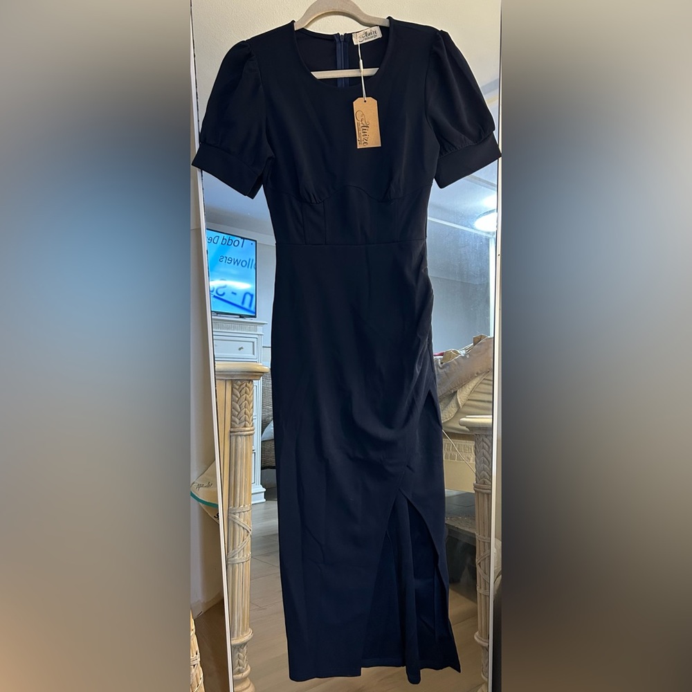 NEW AISIZE Navy Blue Formal Short Sleeve Slit Maxi Dress S
